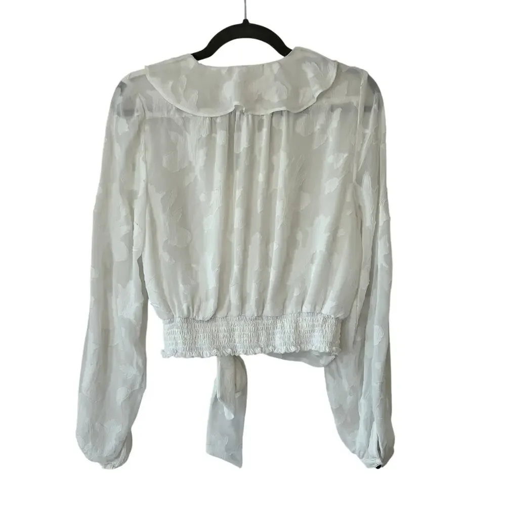By Anthropologie Milena Burnout Velvet Wrap Blouse white ruffle cottagecore